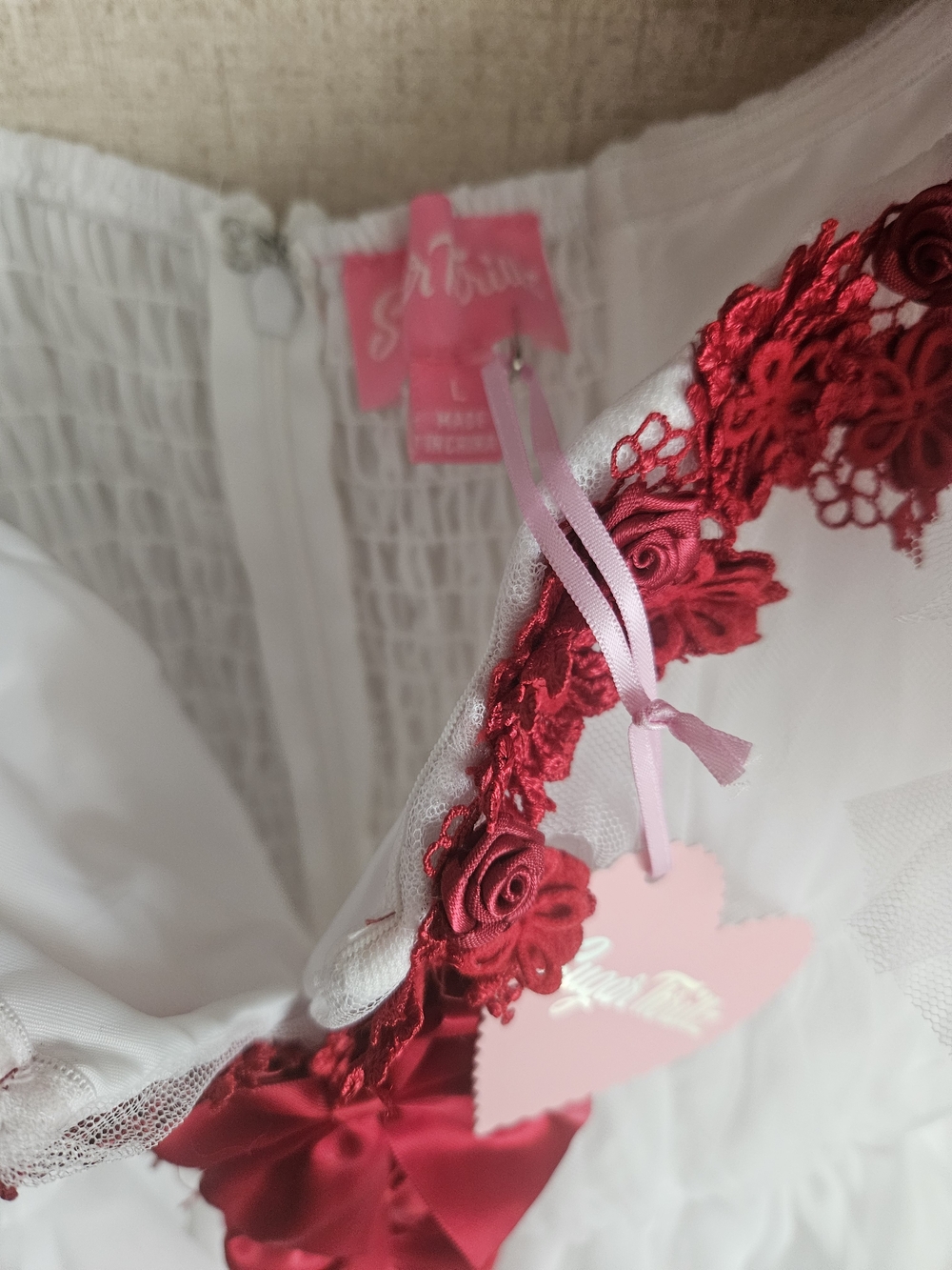 Sugar Thrillz Coquette Tulle BabyDoll Dress Red Bow Puff Sleeve Mini Dollcore - Picture 2 of 3